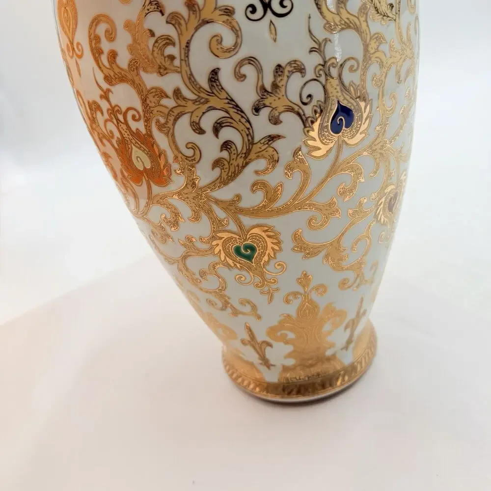 Arabesque White with Enameled Gold Flowers & Scrolls Ceramic Vase 14.5